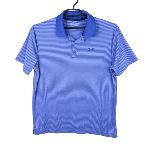 Mens Under Armour Purple Striped Loose Polo Shirt Short Sleeve Polyester Size XL - Picture 1 of 8